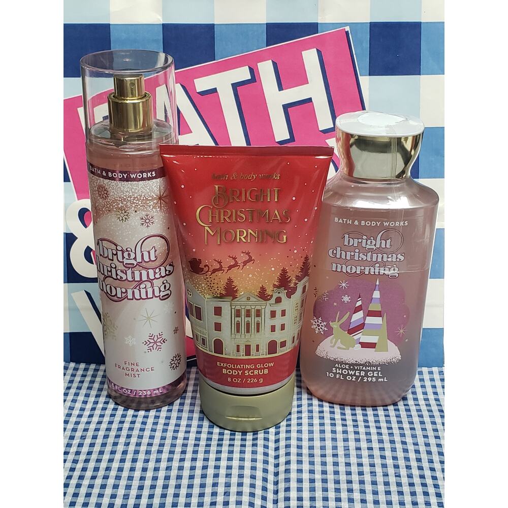 BBW Bright Christmas Morning Fine Fragrance Mist Body Scrub & Shower Gel Wash